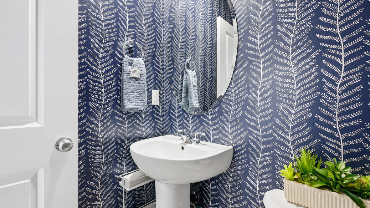 Thunder Ridge powder room with white single sink vanity, a round mirror, toilet with a grass plant, two paintings, and white walls