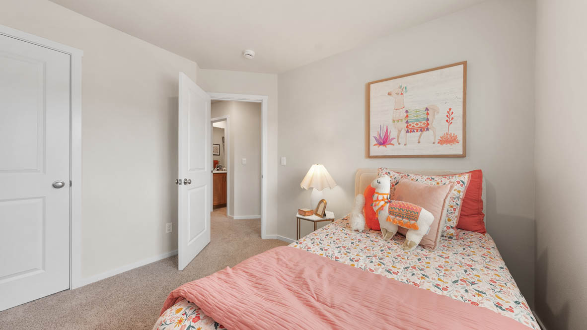 Ponderosa bedroom with red and blue accents with carpeting
