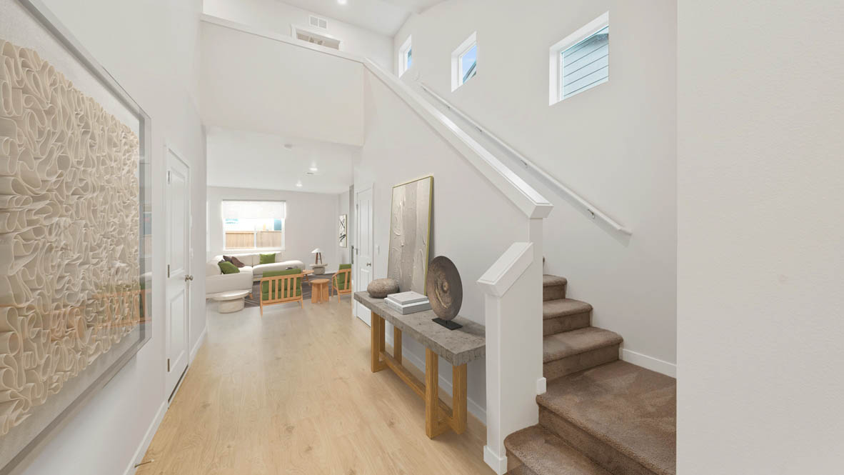 Stevens Ranch Diamond 3816F with hardwood flooring and carpet stairs to upstairs