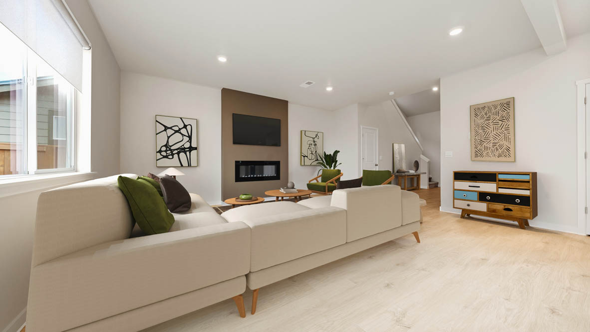 Stevens Ranch Diamond 3816 with tan hardwood flooring and floor to ceiling painting fireplace accent wall, two windows on the wall