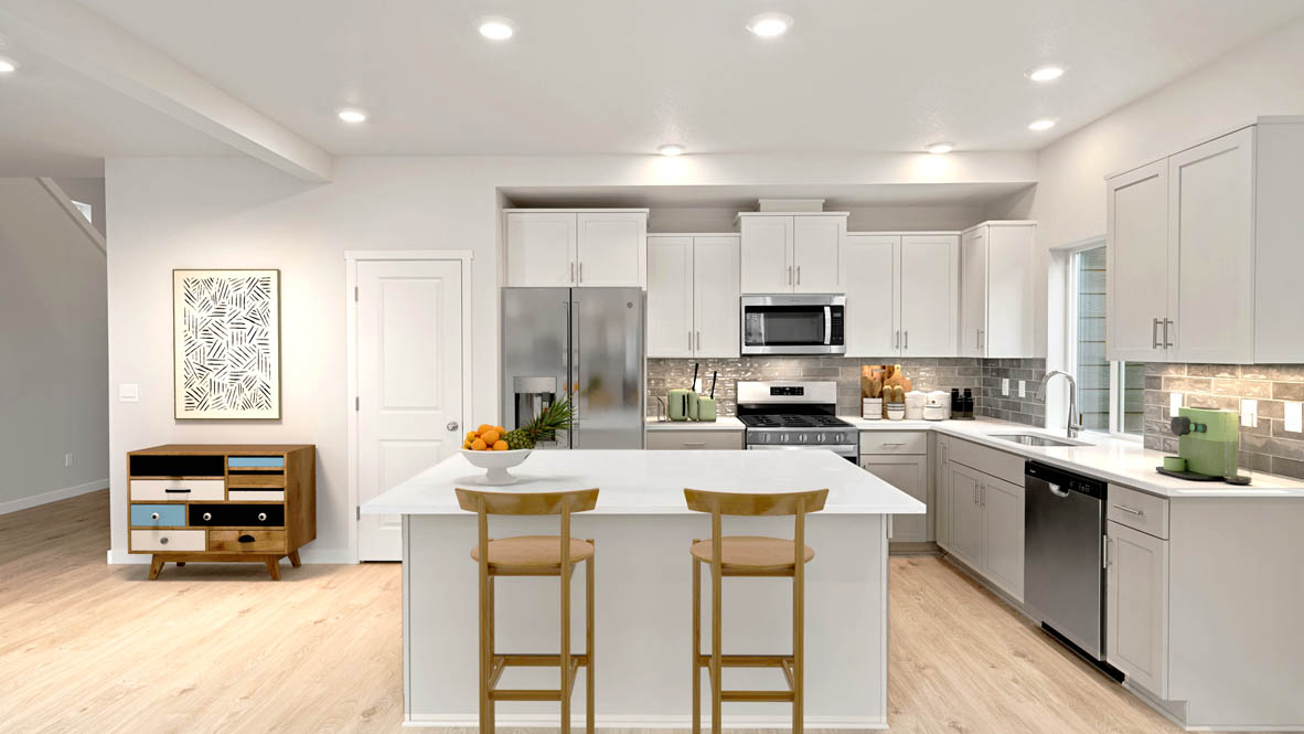 Stevens Ranch Diamond 3816 kitchen with white cabinets and stainless-steel appliances