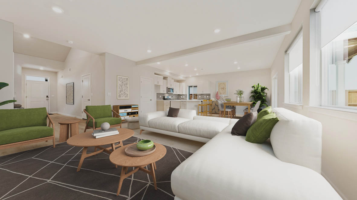 Stevens Ranch Diamond 3816 with tan hardwood flooring, two windows, kitchen in the back