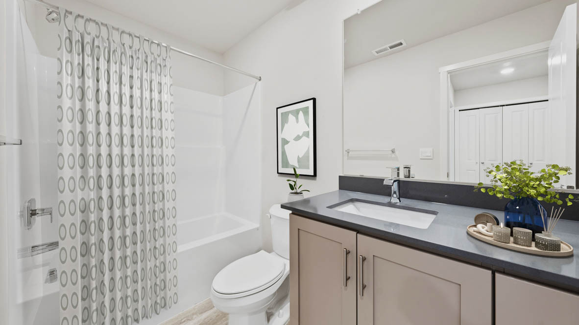 Stevens Ranch Diamond 3816 bathroom with gray cabinet and gray countertop and white shower tub