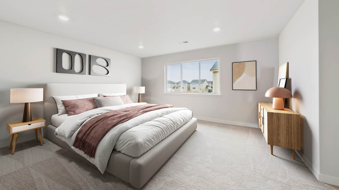 Stevens Ranch Diamond 3816 bedroom with carpet flooring and window