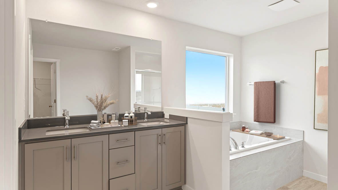 Stevens Ranch Diamond 3816 bathroom with grey cabinets and countertop and build in tub