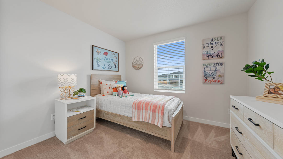Stevens Ranch Bedroom with carpet, window, white walls, nightstand with lamp, and bed