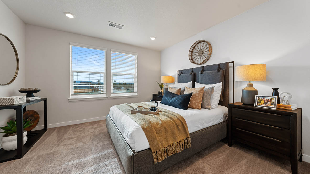 Stevens Ranch Primary bedroom with windows, nightstand, bed, shelving with a mirror, carpet