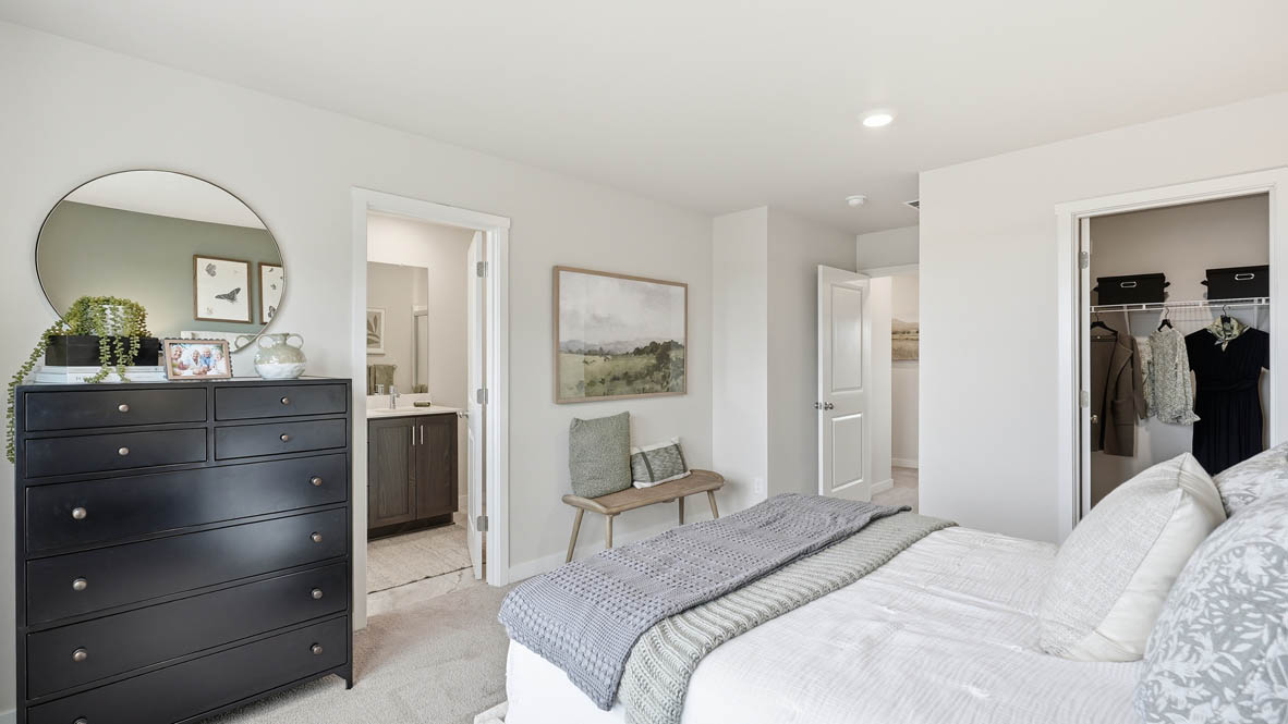 Stevens Ranch primary bedroom with painted accent wall and carpeting and bed with two side tables and dark wooden dresser