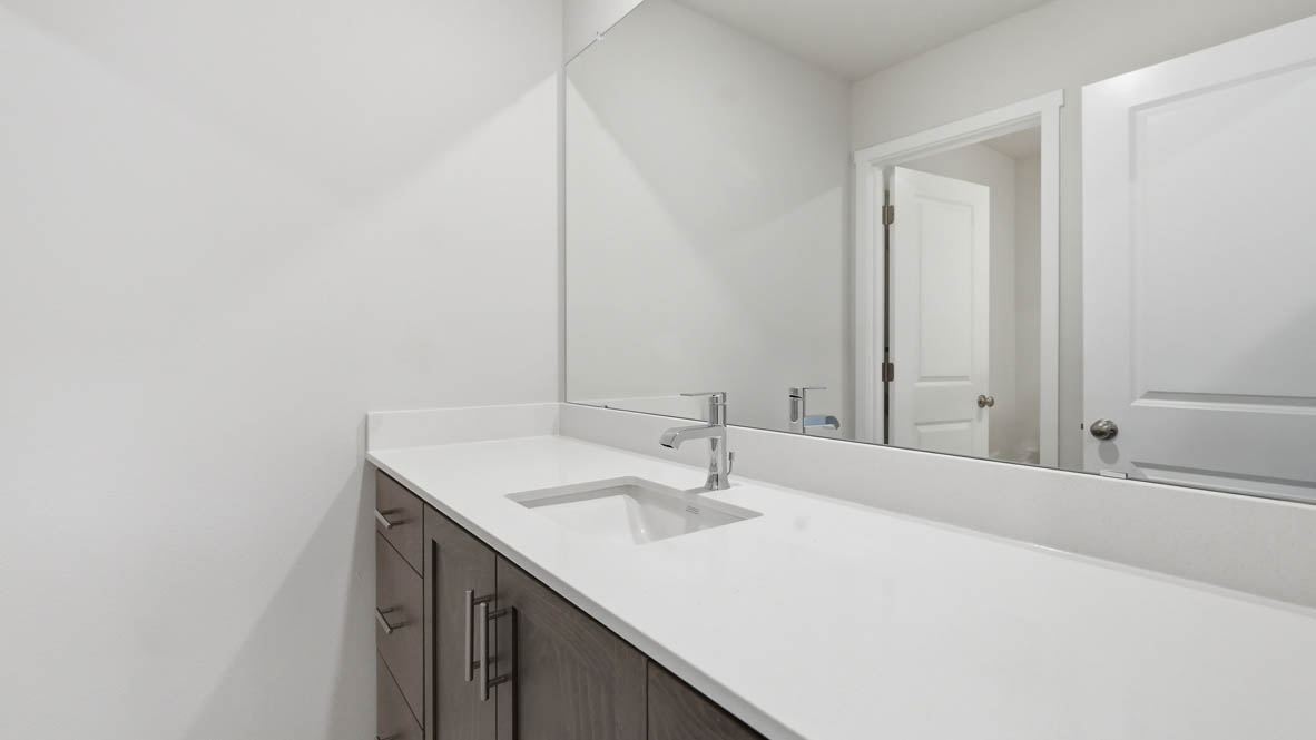 Stevens Ranch secondary bathroom with countertops, mirror