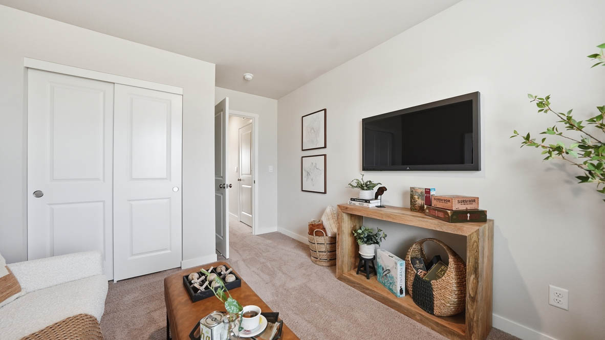 Stevens Ranch bedroom as a mock tv room with a white couch, tv, credenza, carpet, and a coffee table