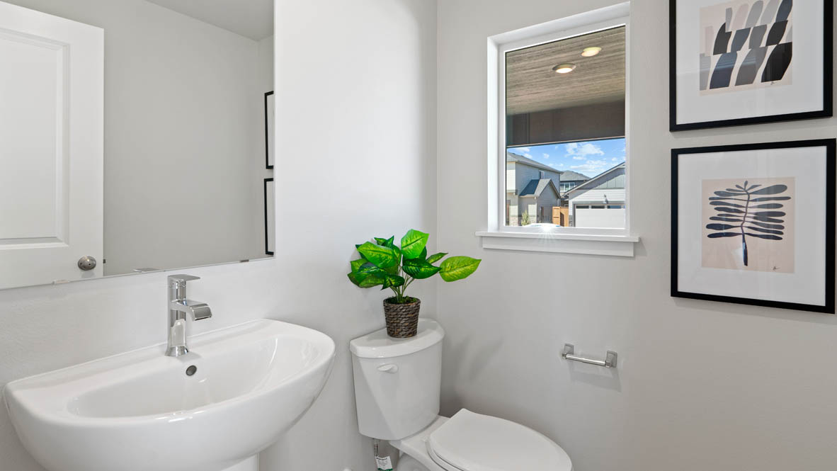 Stevens Ranch powder room with single sink vanity, plant, paintings, mirror, and window