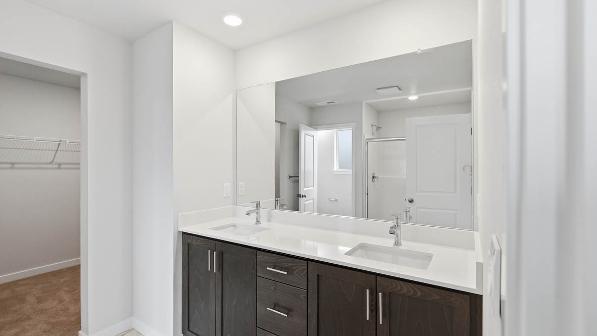 Stevens Ranch primary bathroom with vanity, mirror, walk in shower