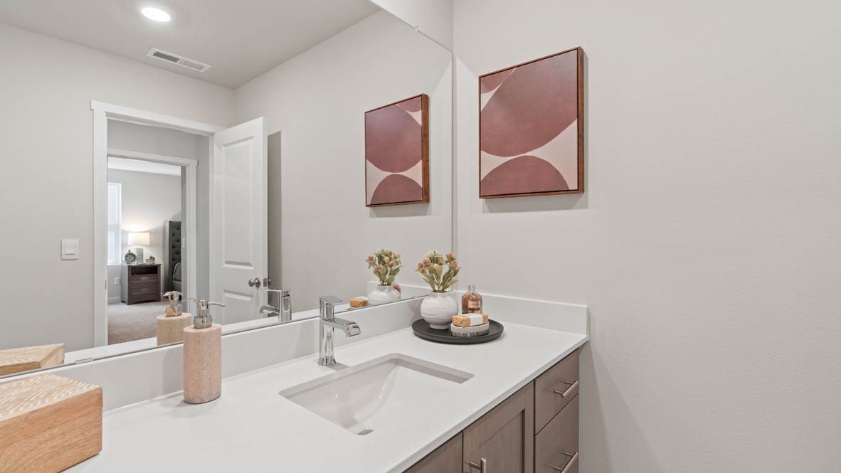 Stevens Ranch secondary bathroom with painting, quartz countertops, plant, single sink vanity