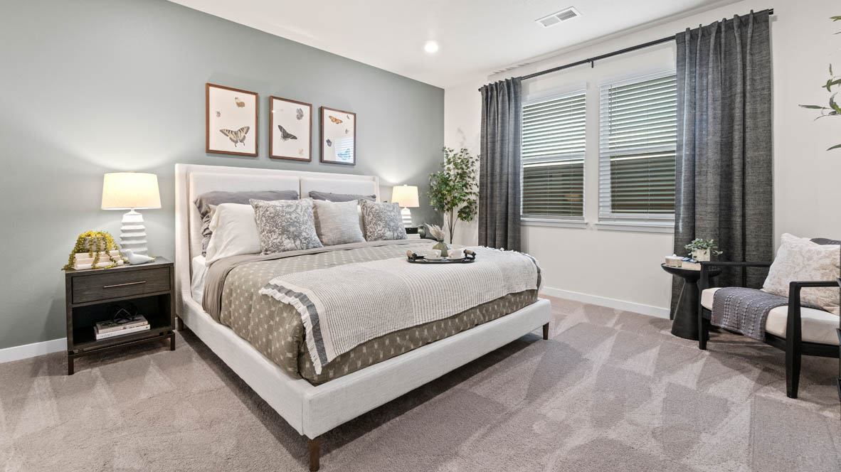 Stevens Ranch primary bedroom with carpet, lamps on top of night stands, a chair, bedding, paintings, windows with blinds