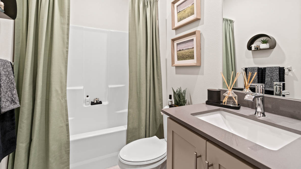 Stevens Ranch hall bathroom with counter tops, single sink vanity, plant, paintings, green curtains, soap dispensers, toilet
