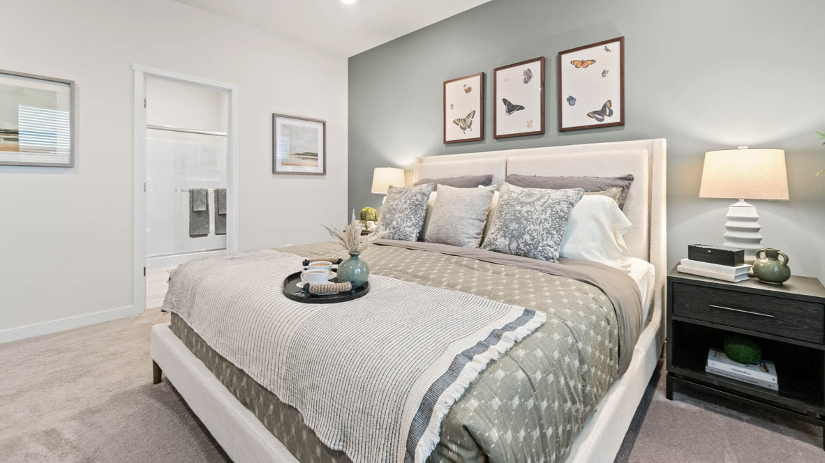 Stevens Ranch primary bedroom with carpet, lamps on top of night stands, a chair, bedding, paintings, windows with blinds, and view of walk-in closet