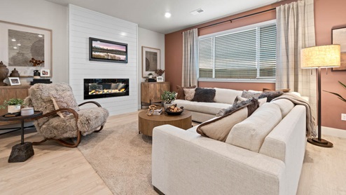 Stevens Ranch great room with L shaped sectional couch, carpeting, and center coffee table as well as window drapes, fireplace on a shiplap wall, and a fuzzy corner chair