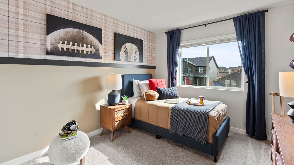 Stevens Ranch Diamond 3816 bedroom with a nightstand, dresser, blue drapes, paintings, carpet flooring and window