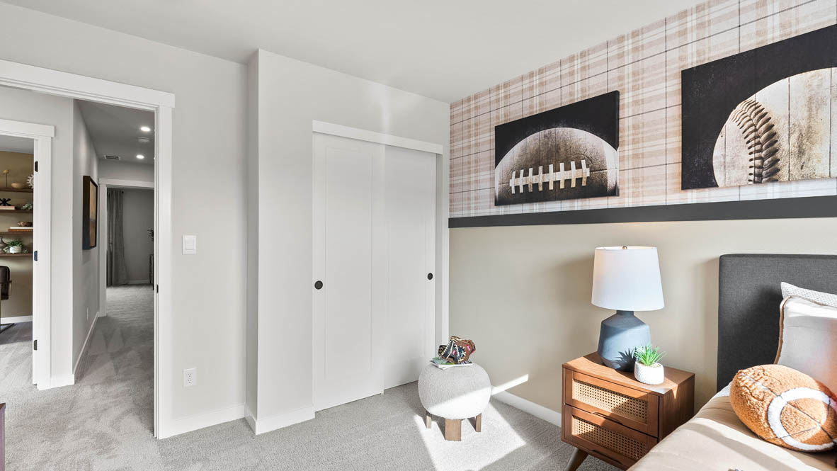 Stevens Ranch Diamond 3816 bedroom with a nightstand, dresser, blue drapes, paintings, carpet flooring, and a closet