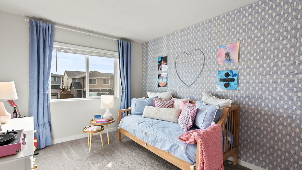 Stevens Ranch Diamond 3816 bedroom with a nightstand, dresser, light blue drapes, paintings, carpet flooring and window