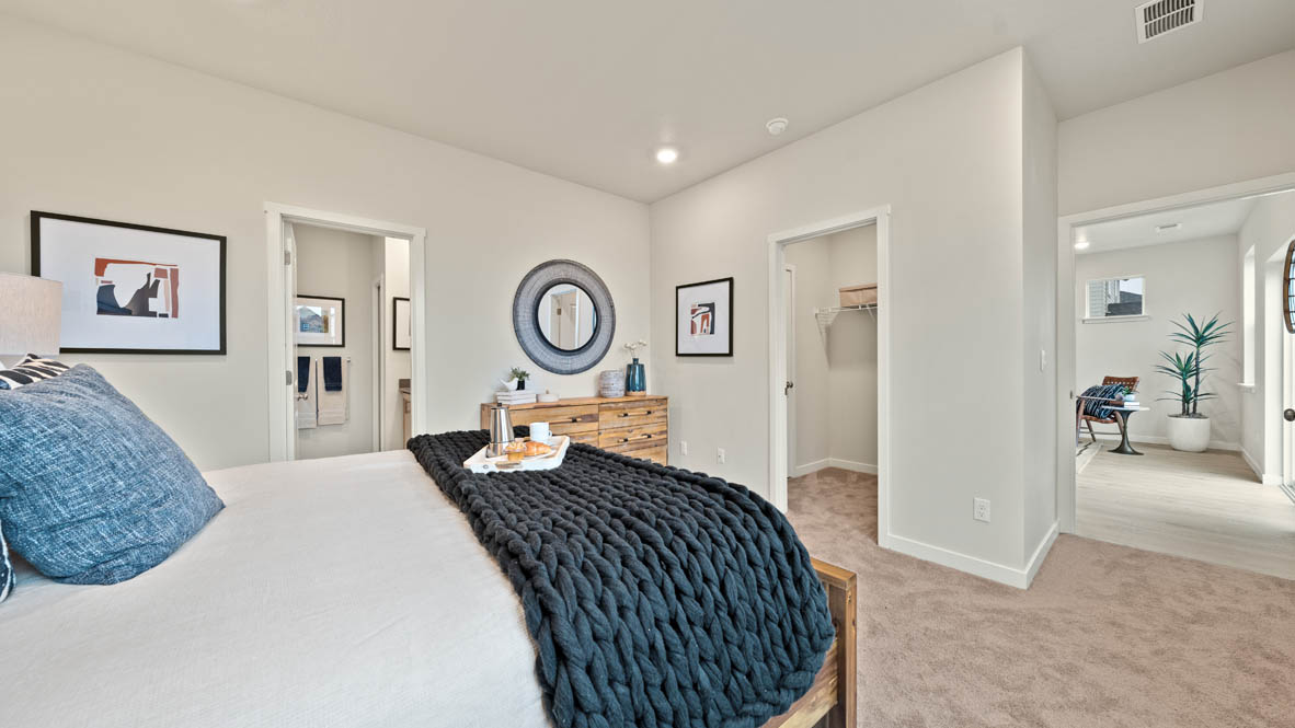 Stevens Ranch primary bedroom with bed, carpet, paintings, dresser, mirror, and view of bathroom