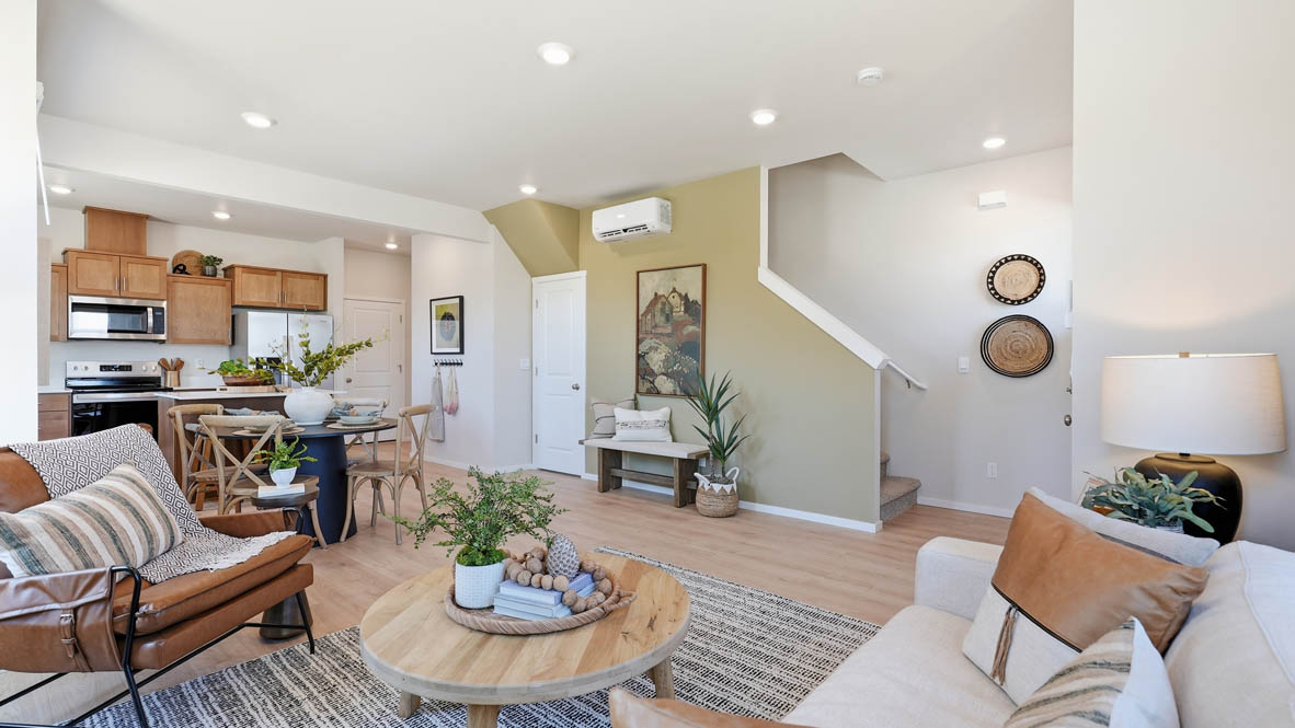 Stevens Ranch great room with painted accent wall and staged furniture