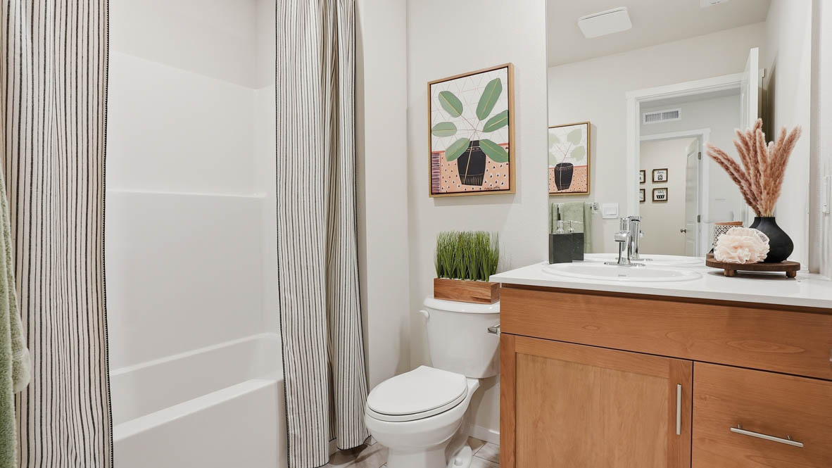 Stevens Ranch Townhomes secondary bathroom with stained cabinets, toilet, bathtub, striped shower curtain, painted plant, mirror