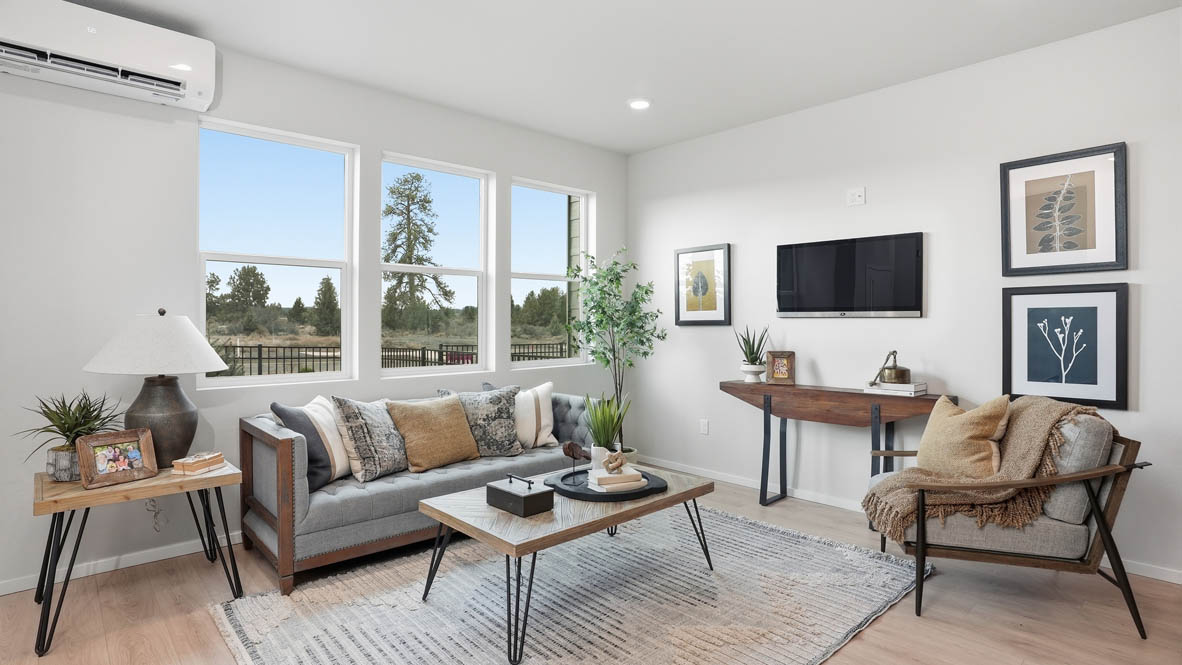 Stevens Ranch Townhomes great room with a wooden coffee table, wooden side table, lamp, gray couch, windows, tv, credenza, chair, three paintings, decorative plants, and a rug