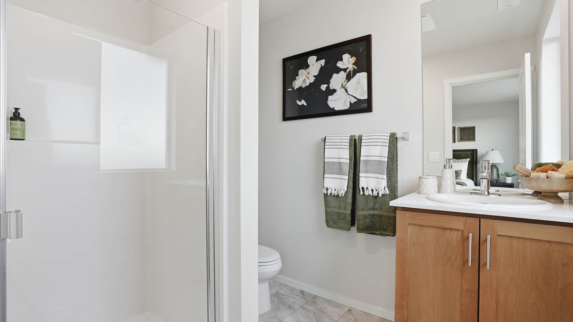 Stevens Ranch Townhomes primary bathroom with sliding glass door, single sink vanity, with a mirror, green accent towels, flower painting