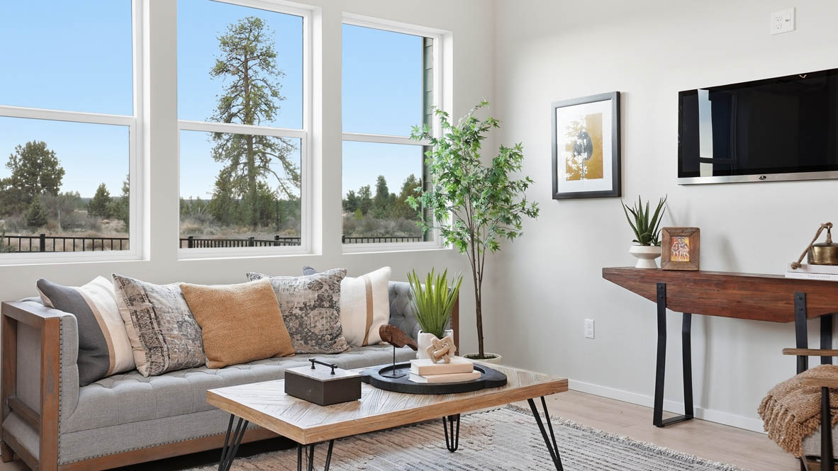 Stevens Ranch Townhomes great room with a wooden coffee table, wooden side table, lamp, gray couch, windows, tv, credenza, chair, three paintings, decorative plants, and a rug