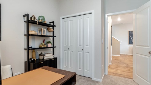 Lowrie Estates den with desk and office set up and media shelves