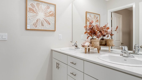Lowrie Estates secondary bathroom with a two sink vanity and wall art and white shaker style cabinets