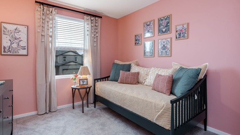 Lowrie Estates pink themed bedroom with day bed and carpeted flooring and draped windows