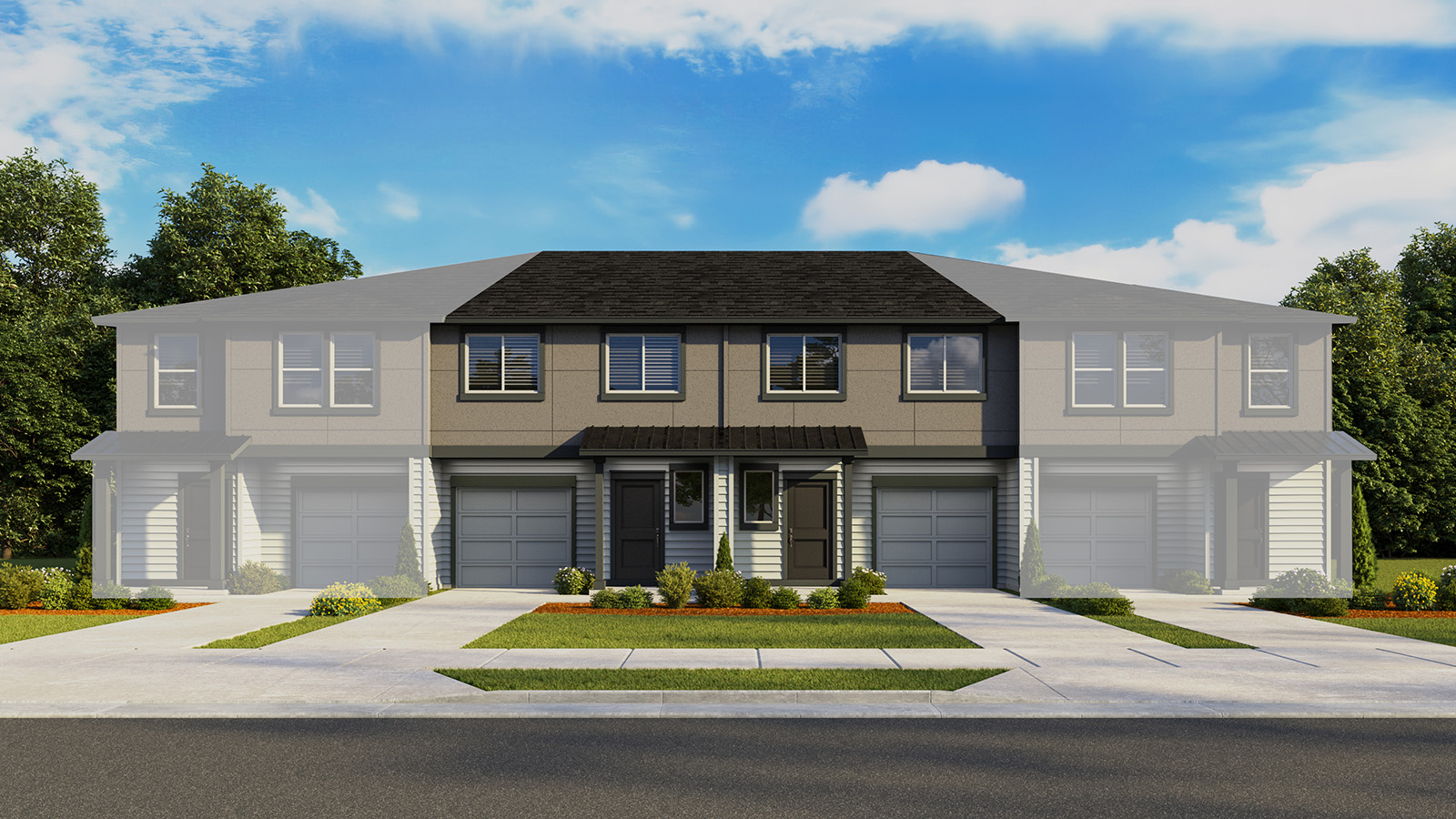 Exterior front townhome 4-plex with an attached garage