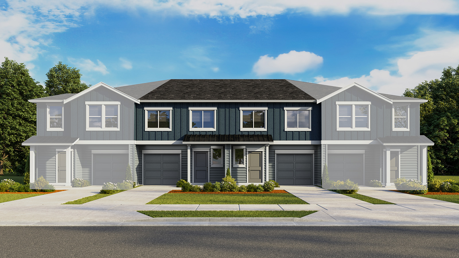 Exterior front townhome 4-plex with an attached garage