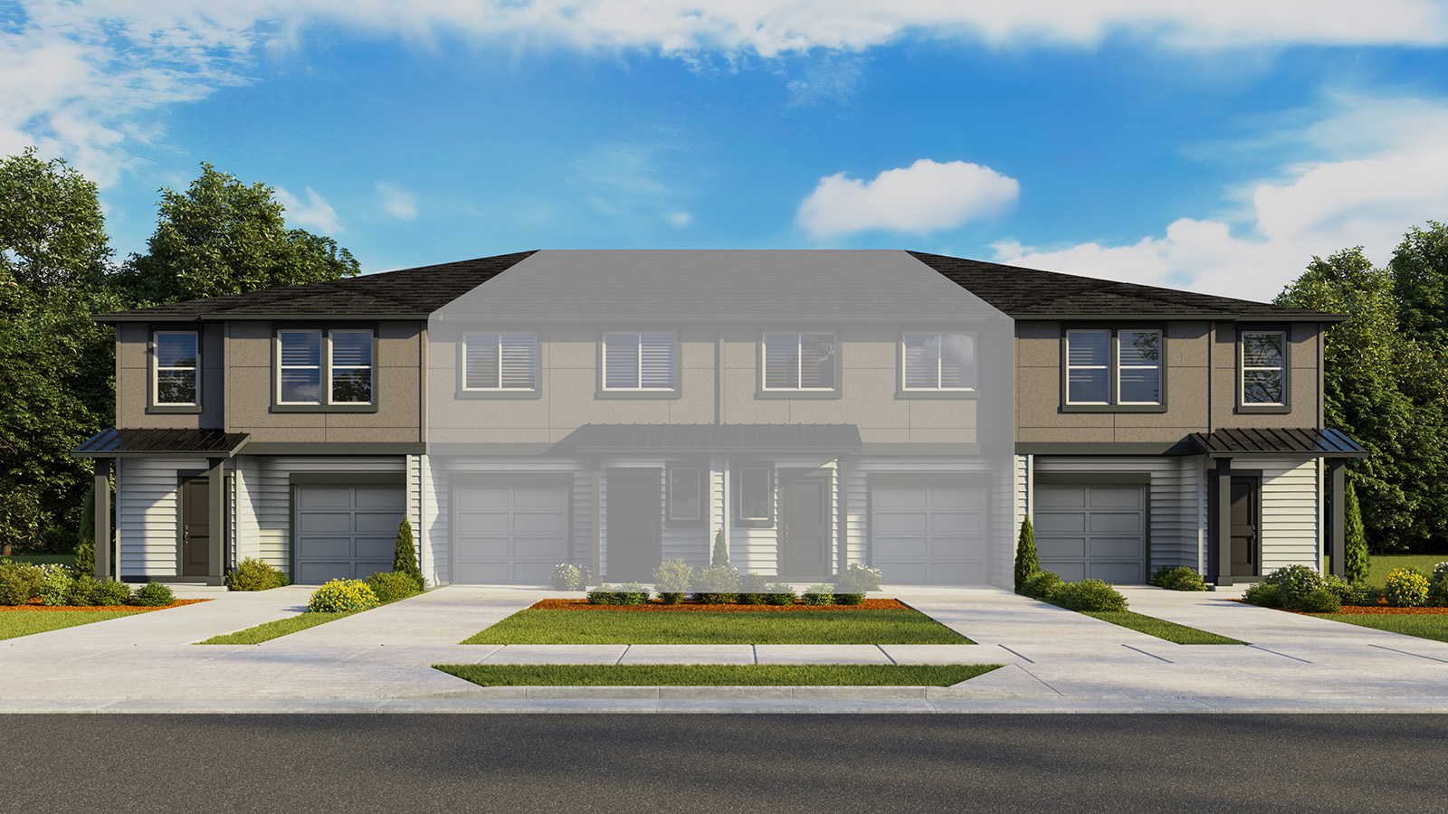 Exterior front townhome 4-plex with an attached garage