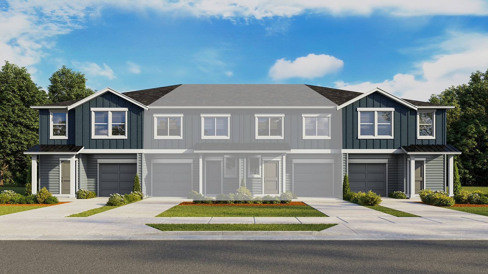 Exterior front townhome 4-plex with an attached garage