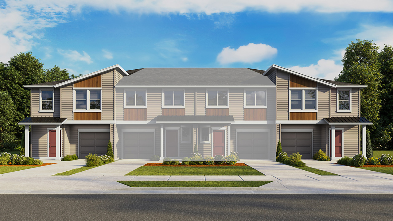 Exterior front townhome 4-plex with an attached garage