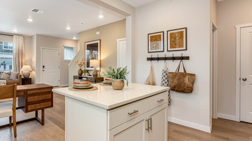 Scholls Meadow Kitchen with stools, kitchen island, quartz countertops, white shaker cabinets, windows, paintings