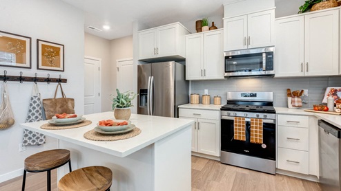 Scholls Meadow Kitchen with stools, kitchen island, quartz countertops, white shaker cabinets, windows, paintings, stainless steel appliances