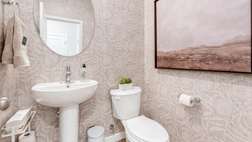 Scholls Meadow powder room with accent walls and painting, oval mirror, single sink vanity, bathroom toilet