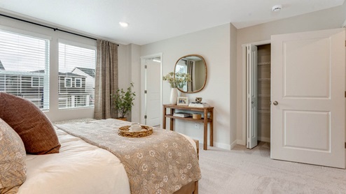 Scholls Meadow Primary Bedroom with carpet, white sheets with pillows, throw blanket, circle mirror, entryway table, closet, windows