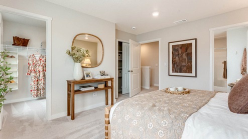 Scholls Meadow Primary Bedroom with carpet, white sheets with pillows, throw blanket, circle mirror, entryway table, closet, windows, view of bathroom, and closet