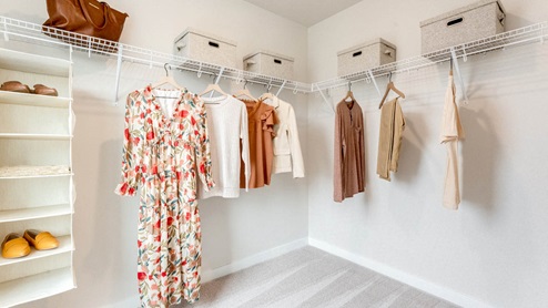 Scholls Meadow walk in closet with white carpet, white wire shelving, clothes hanging, storage boxes, and sheet shoe rack