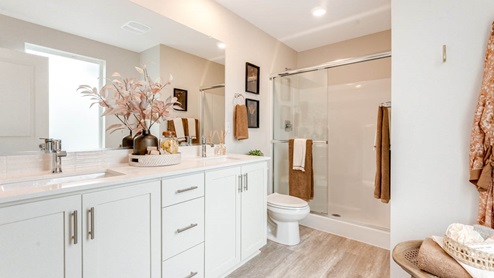 Scholls Meadow primary bathroom with flooring, white quartz countertops, mirror, double vanity, plant, toilet, walk in shower