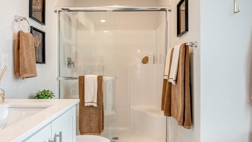 Scholls Meadow primary bathroom with quartz countertops, vanity, hanging paintings, toilet, walk in shower