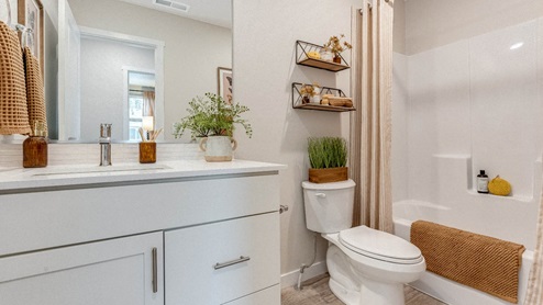 Scholls Meadow secondary bathroom with quartz countertops, cabinets, toilet, mirror, and white tub