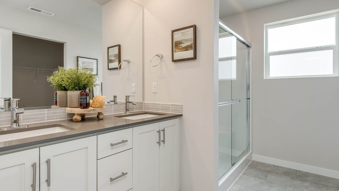 Davis Estates Primary Bathroom with white cabinets, quartz countertops, mirror, decorative plant, painting, walk in shower, and window