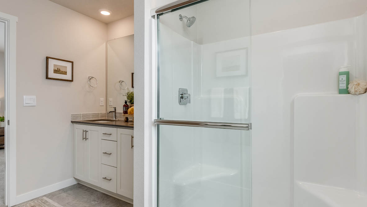 Davis Estates Primary Bathroom with white cabinets, quartz countertops, mirror, decorative plant, painting, walk in shower