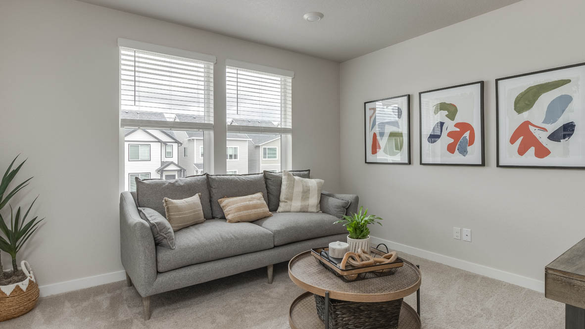 Davis Estates Loft with coffee table, gray couch, plant, three paintings, and windows